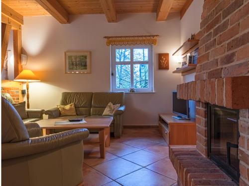 a living room with a couch and a fireplace at Havelquelle mit Sauna und Garten in Kratzeburg