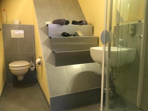 ein kleines Bad mit WC und Waschbecken in der Unterkunft Altstadt-Glück Leer Ferienwohnung in Leer