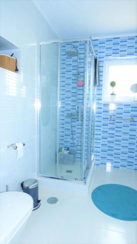 a bathroom with a shower with a glass door at Casa da Maçã in Sesimbra