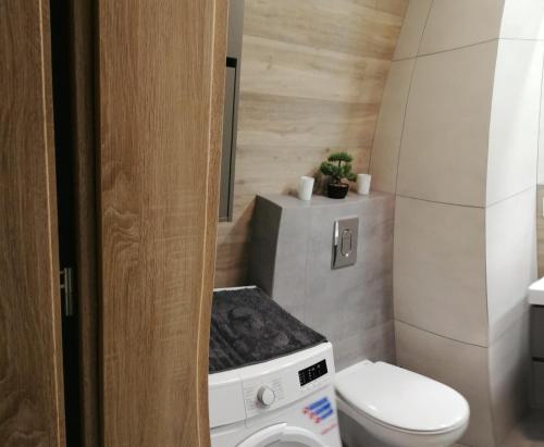 a small bathroom with a washing machine and a toilet at Kompozytor in Lublin