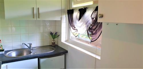 cocina con fregadero y ventana en Town Centre Studio Flat! en Basingstoke