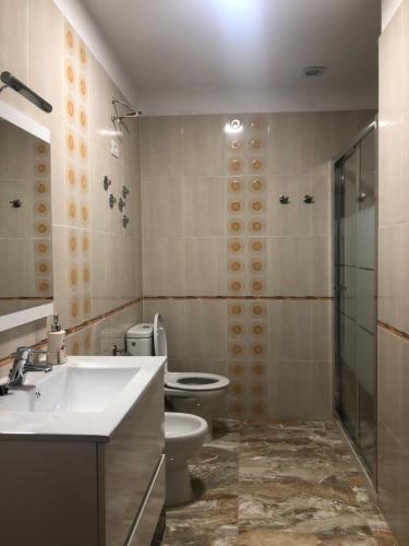 een badkamer met een toilet, een wastafel en een douche bij Lujan 6F entre sueños y realidad in Puntallana