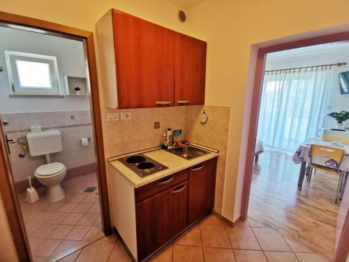 a small kitchen with a sink and a toilet at Apartments Sokolic in Nerezine