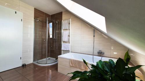 ein Bad mit einer Badewanne, einer Dusche und einem WC in der Unterkunft Ferienwohnung Valerie in Ettenheim