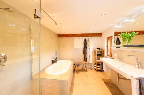 een badkamer met een bad, een wastafel en een douche bij Landsitz Rocky Docky in Niedersonthofen
