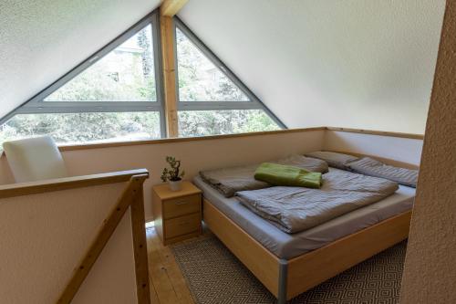 ドレスデンにあるSTUDIO am Kaitzer Weinbergの大きな窓付きの客室のベッド1台分です。