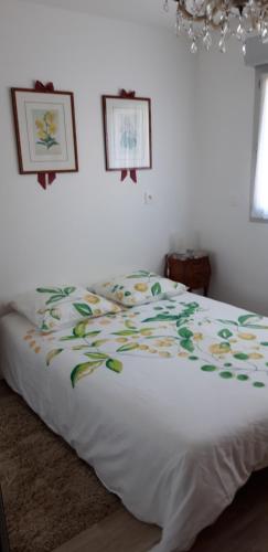 ein Bett in einem Schlafzimmer mit zwei Bildern an der Wand in der Unterkunft Pour visiter ou travailler dans le LOIRET in Saint-Jean-de-Braye