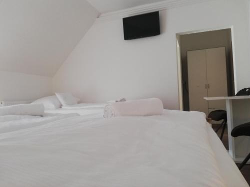 a bedroom with two beds and a television on the wall at Levanda Panzió in Kópháza