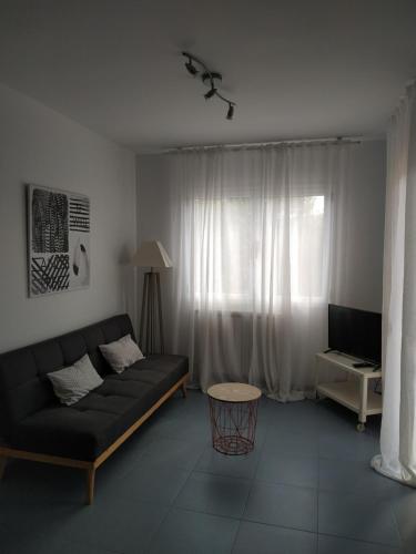 a living room with a black couch and a television at Apartamento Waiora in Aguaviva