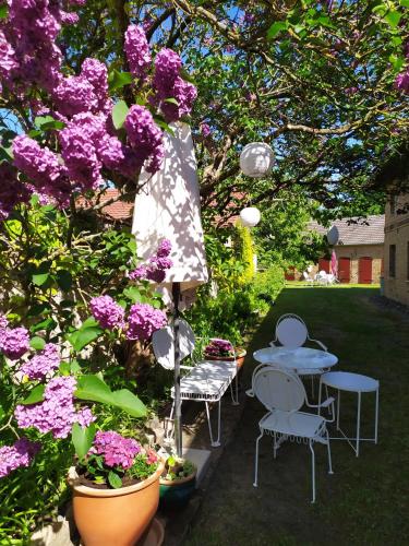 a garden with tables and chairs and purple flowers at SchlossparkFerienwohnungen Rheinsberg mit Garten in Rheinsberg