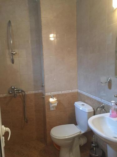 a bathroom with a shower and a toilet and a sink at Къща за гости Aтанасов II in Primorsko