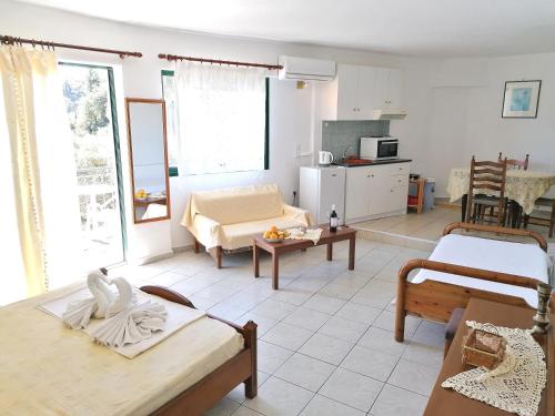 Il comprend un salon avec deux lits et une cuisine. dans l'établissement George Michalas (Vivaria Apartments), à Paleokastritsa