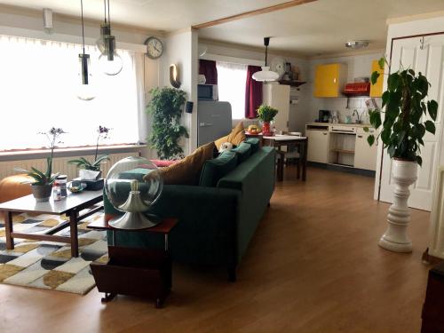 a living room with a green couch and a kitchen at Retro Relax Resort midden in het bos op de Veluwe in Putten in Putten