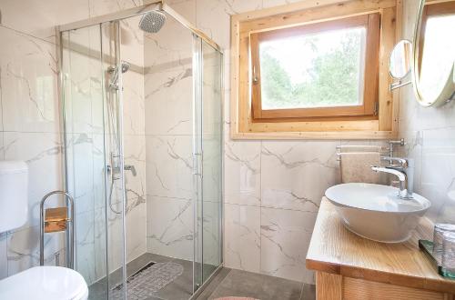a bathroom with a glass shower and a sink at Country Lodge Vuković in Rakovica