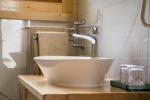 a bathroom with a white bowl sink on a counter at Country Lodge Vuković in Rakovica