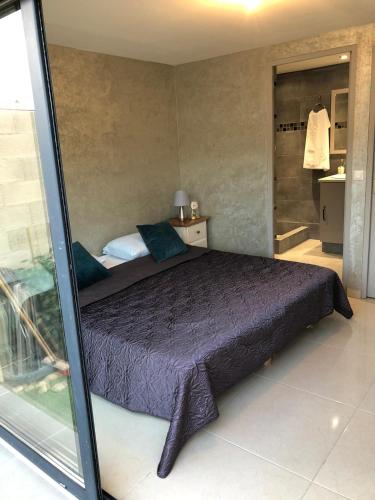 um quarto com uma cama e uma cabina de duche ao nível do chão em Chambre chez Ikrame em Malemort-du-Comtat