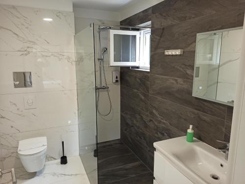 Un baño con ducha, inodoro y lavabo. en Villa Novak, en Rab
