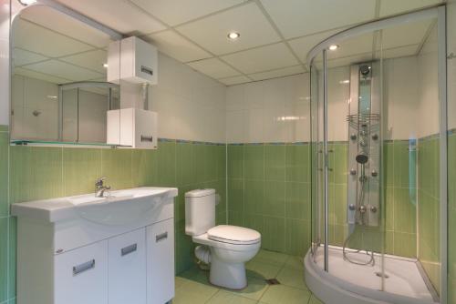 uma casa de banho com um WC, um chuveiro e um lavatório. em Къща за гости Роден край em Elena