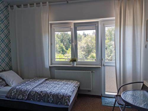 1 dormitorio con cama, ventana y mesa en Leśna Villa en Wiśniówka Mała