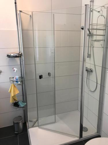 una ducha con puerta de cristal en un baño en Feriendomizil Dornum Haus Willy mit Wintergarten und Wallbox, en Dornum