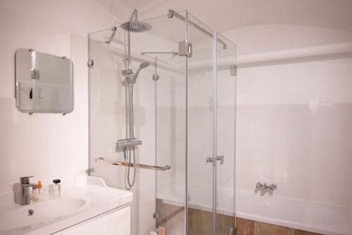 uma casa de banho com uma cabina de duche em vidro e um lavatório. em MaisonNel Gîte em Saint-Bonnet-en-Champsaur