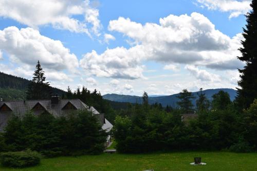 a house in a field with mountains in the background at Apartmány Kubova Huť in Kubova Huť