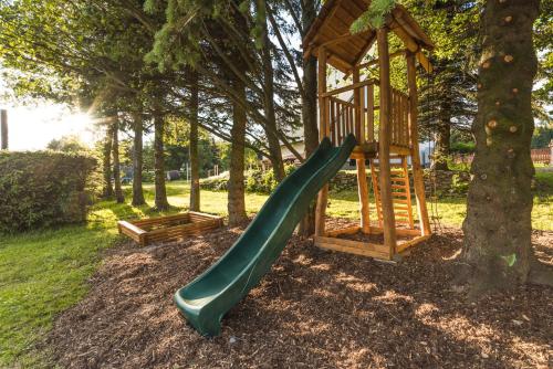 a playground with a green slide next to a tree at Chata Krušnohorka in Kovářská
