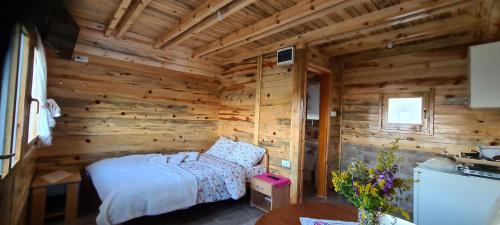 a bedroom with a bed in a wooden room at Markove kolibe 2, Uvac in Sjenica