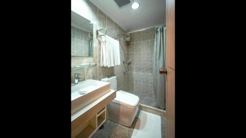 y baño con lavabo, aseo y ducha. en Paladin Hotel, en Baguio