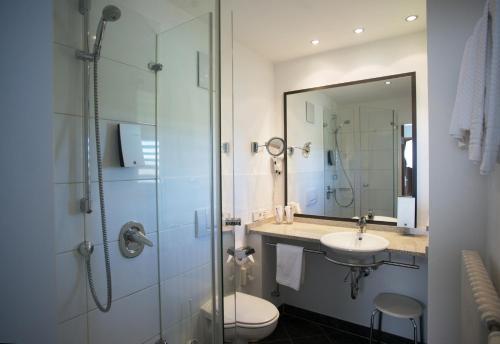 a bathroom with a toilet and a sink and a shower at Waldsee Golf-Resort in Bad Waldsee