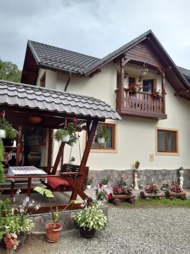 a house with a porch and a balcony at Pensiunea Viorica in Breb