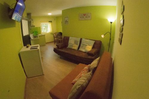 a living room with green walls and a couch at Moinho do Prado in Vila Nova de Cerveira