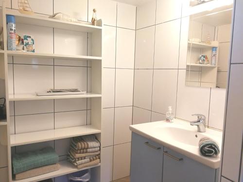 een badkamer met een wastafel en een spiegel bij Ferienwohnung Graf in Tübingen