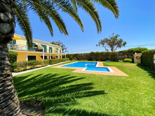 a yard with a swimming pool and a palm tree at Casa do Farol - Lagos in Lagos