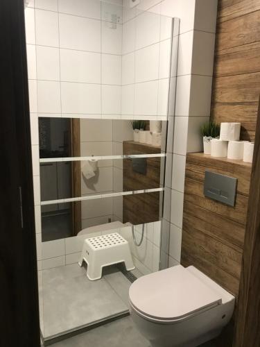 a white bathroom with a toilet and a stool at Aparth27 Okuninka Jezioro Białe in Okuninka