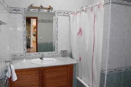 uma casa de banho com um lavatório e uma cortina de chuveiro em Villa Los Lomos em El Paso