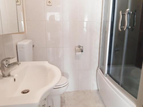 un bagno con lavandino, WC e doccia di Liburana Apartment a Fiume (Rijeka)