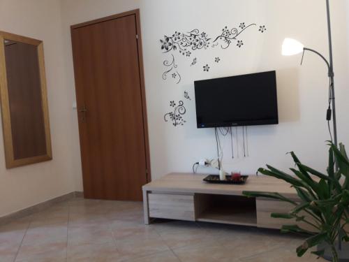 a living room with a tv on a wall at Apartments Angela in Žbandaj