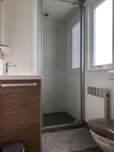 een badkamer met een glazen douche en een wastafel bij Chalet Relax in Oostkapelle
