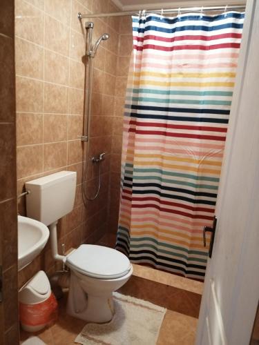 a bathroom with a toilet and a rainbow shower curtain at Pensiunea Armand in Supuru de Jos