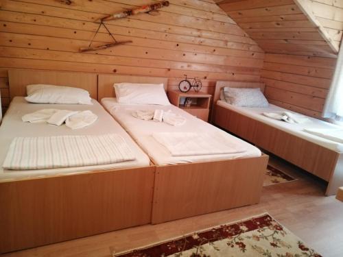 two beds in a room with wooden walls at Pensiunea Armand in Supuru de Jos