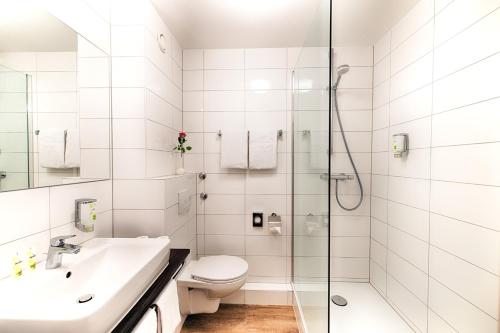 y baño con ducha, aseo y lavamanos. en ACHAT Hotel Schwetzingen Heidelberg, en Schwetzingen