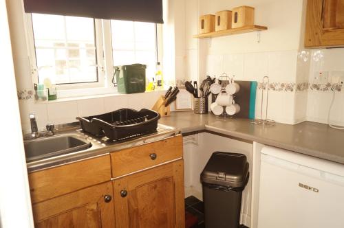 una cucina con lavandino e piano di lavoro di Edge of Exmoor Garden Flat, dog friendly, sleeps 2 - 4 a East Anstey