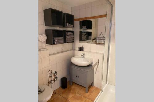 a bathroom with a sink and a toilet at Das Schneckenhaus - Ferienwohnung mit Pool & Seeblick in Bodman-Ludwigshafen