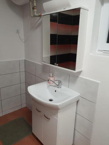 a bathroom with a white sink and a mirror at Penzion U Pavla in Most