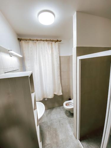 a small bathroom with a toilet and a window at Chaty a Apartmány Hracholusky Kemp Kosatka in Pňovany