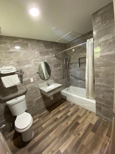 a bathroom with a toilet and a sink and a tub at Red Carpet Inn Daytona Beach in Daytona Beach
