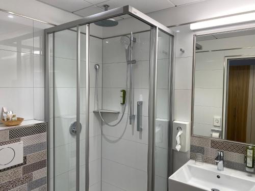 a bathroom with a shower and a sink at Hotel Wieting in Oldenburg