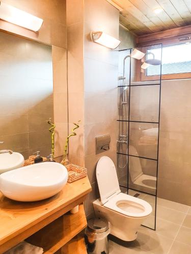 a bathroom with a toilet and a sink and a shower at Mountain Hawk Park in Bansko