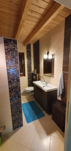 a bathroom with a sink and a toilet and a mirror at Wooden House&Pool in Osowa